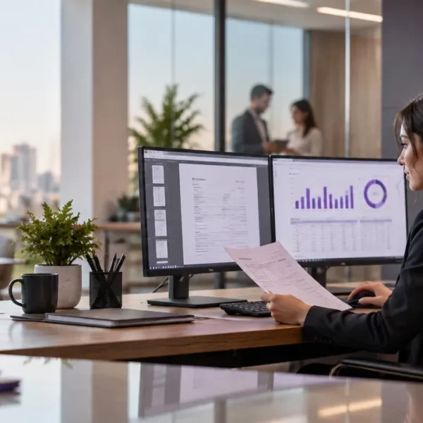 Profissional contábil analisando dados fiscais digitais em um escritório durante a transição tributária