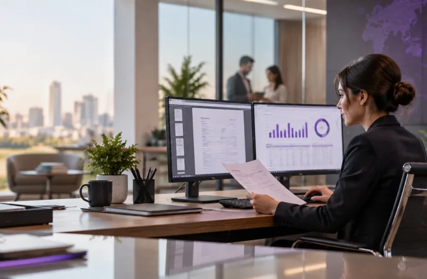 Profissional contábil analisando dados fiscais digitais em um escritório durante a transição tributária