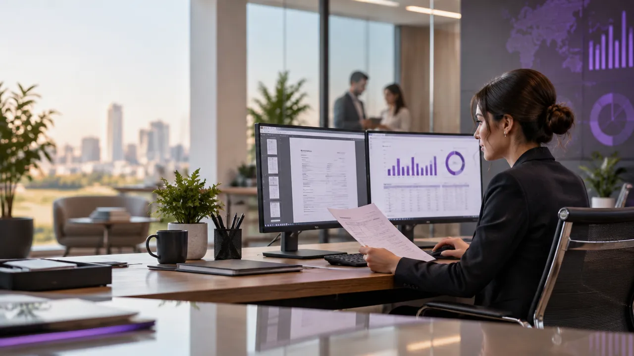 Profissional contábil analisando dados fiscais digitais em um escritório durante a transição tributária