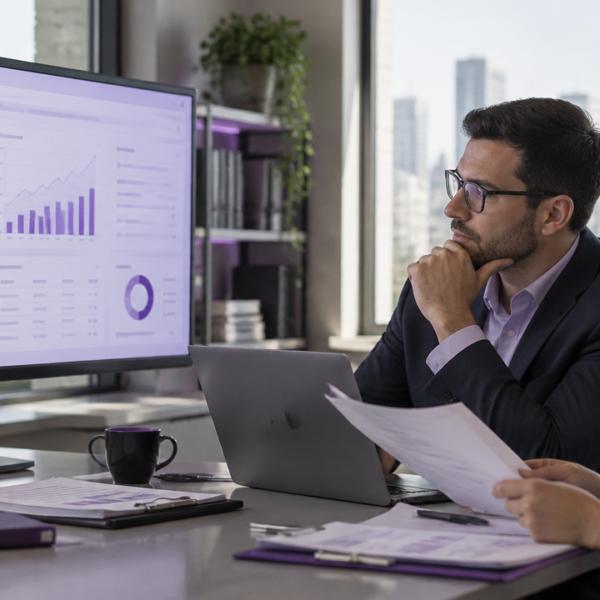 Profissional contábil analisando em um monitor os ajustes digitais da NFS-e ligados à reforma tributária