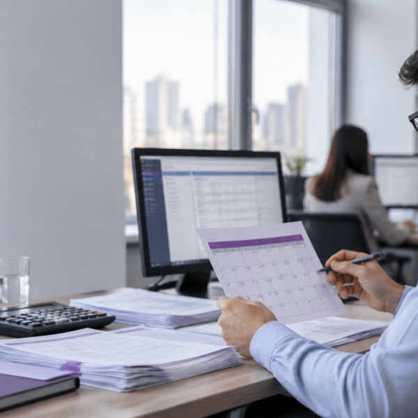 Profissional de contabilidade revisa calendário e documentos fiscais diante de um computador