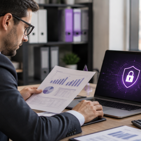 Profissional de contabilidade revisando dados em um notebook em um escritório protegido