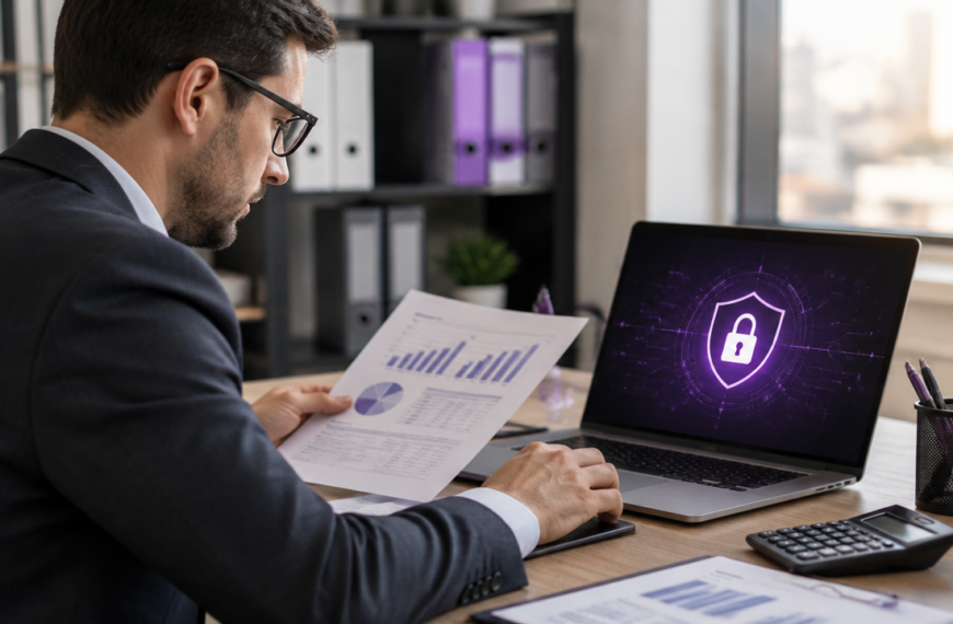 Profissional de contabilidade revisando dados em um notebook em um escritório protegido
