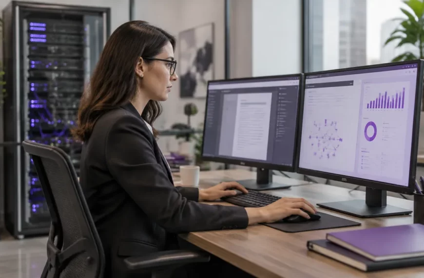 Profissional de contabilidade usando sistemas digitais em um escritório com infraestrutura de TI confiável