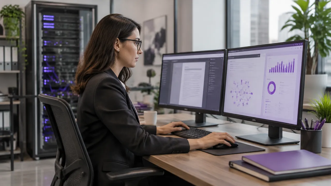Profissional de contabilidade usando sistemas digitais em um escritório com infraestrutura de TI confiável
