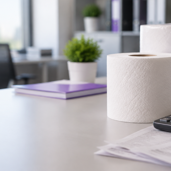 Rolo de papel higiênico sem marca ao lado de uma calculadora e documentos fiscais em uma mesa de escritório
